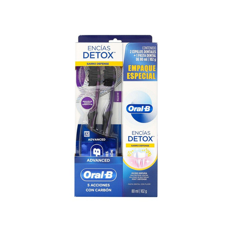 ORAL B CREMA ENCIAS DETOX SARRO DEFENSE 80 ML + 2 CEPILLOS ORAL B ADVANCE SUAVE 5 ACCIONES