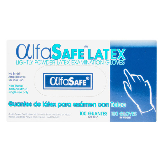 GUANTE EXAMEN LATEX CON TALCO TALLA PEQUEÑO 100 UNIDADES ALFASAFE