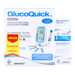 GLUCOQUICK TIRAS 50 UNIDADES + GLUCOMETRO + LANCETAS 50 UNIDADES