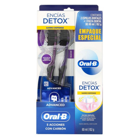 ORAL B CREMA ENCIAS DETOX SARRO DEFENSE 80 ML + 2 CEPILLOS ORAL B ADVANCE SUAVE 5 ACCIONES