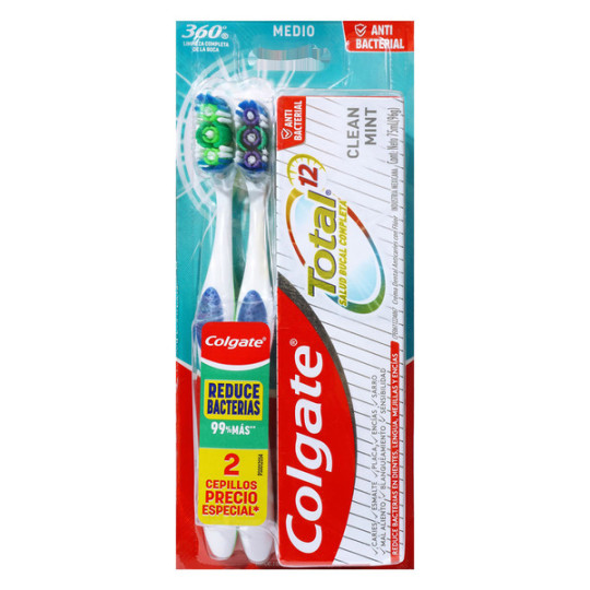 COLGATE CEPILLO 360 2 UNIDADES + CREMA TOTAL 12 CLEAN MINT 75 ML