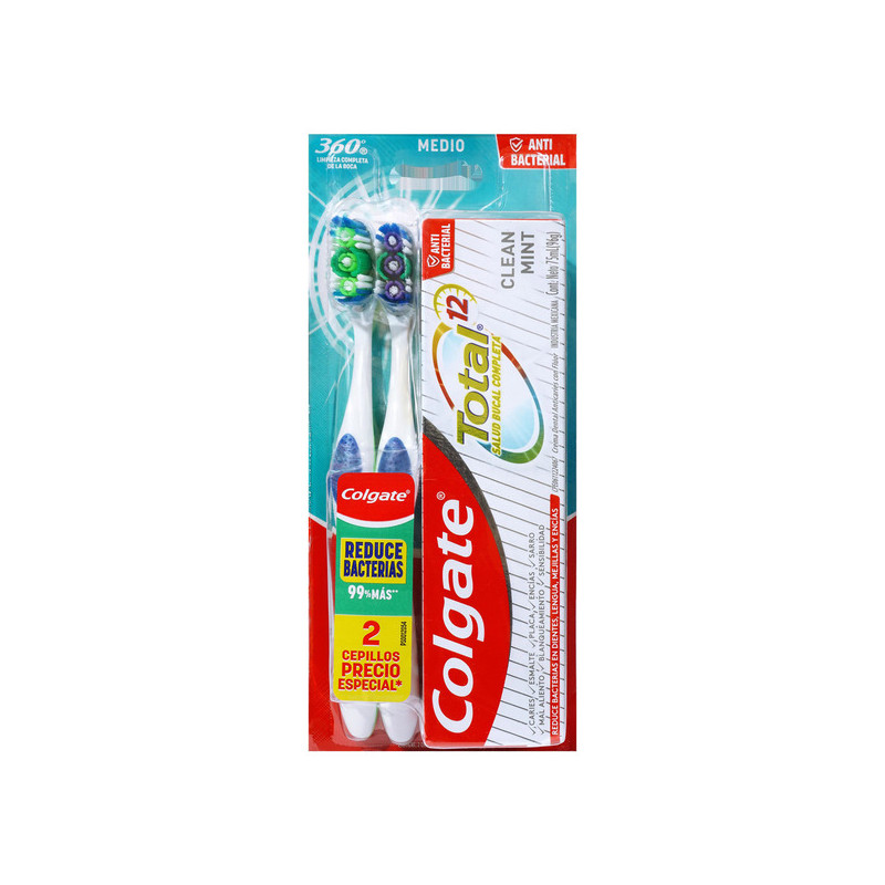 COLGATE CEPILLO 360 2 UNIDADES + CREMA TOTAL 12 CLEAN MINT 75 ML