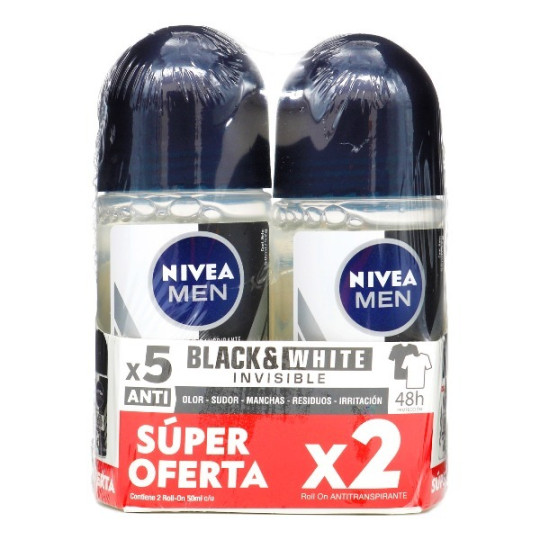 NIVEA DESODORANTE ROLLON MEN INVISIBLE BLACK&WHITE 50 ML X 2 UNIDADES