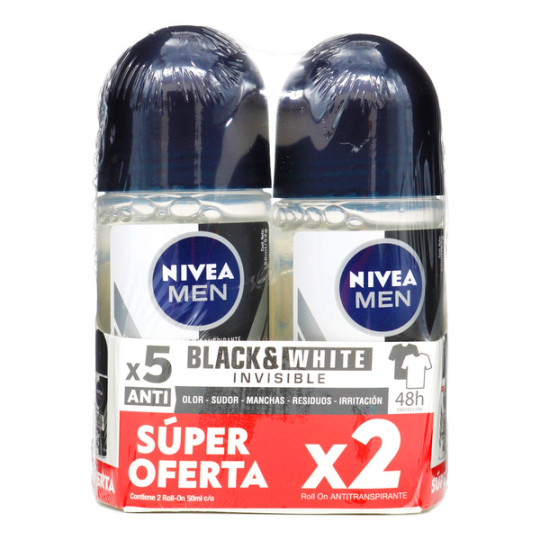 NIVEA DESODORANTE ROLLON MEN INVISIBLE BLACK&WHITE 50 ML X 2 UNIDADES