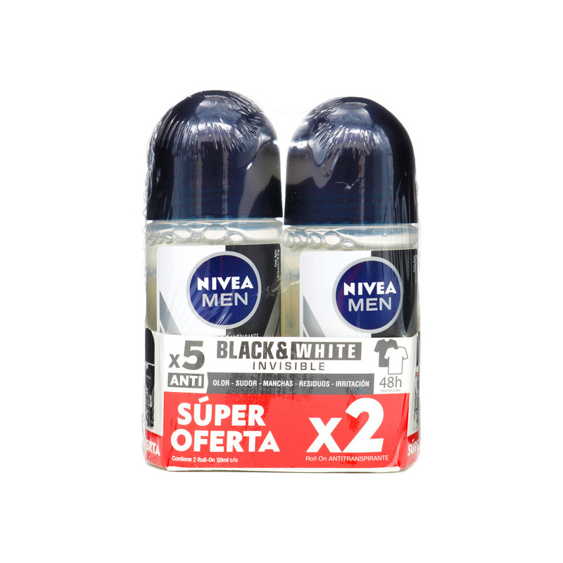 NIVEA DESODORANTE ROLLON MEN INVISIBLE BLACK&WHITE 50 ML X 2 UNIDADES