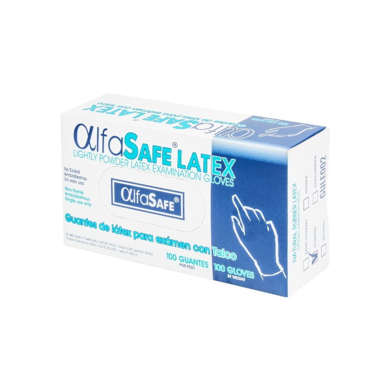 GUANTE EXAMEN LATEX CON TALCO TALLA PEQUEÑO 100 UNIDADES ALFASAFE